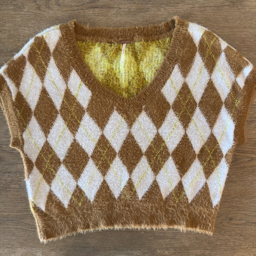 Free People Through the Motions Argyle Oversize Sweater Vest-Brown/White-Size XS